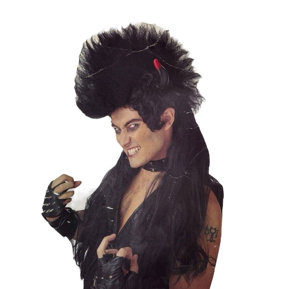 Monster Mega Mullet Horns Side Burns Black Costume Wig Punk Rock Mohawk